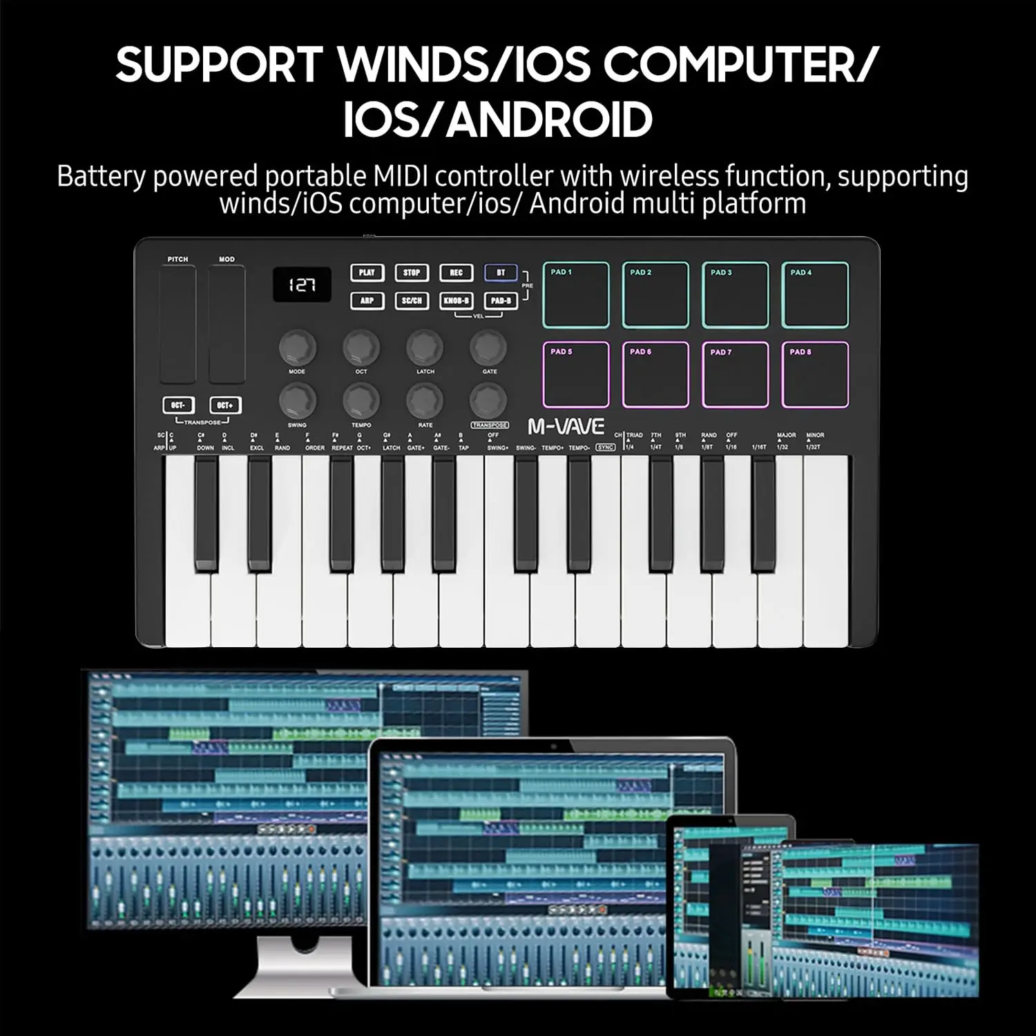 MIDI Keyboard Controller 25 Velocity Sensitive Keys 8 Backlit Drum Pads Wireless Piano Keyboard For electronic piano electronic musical instrument musical instrument