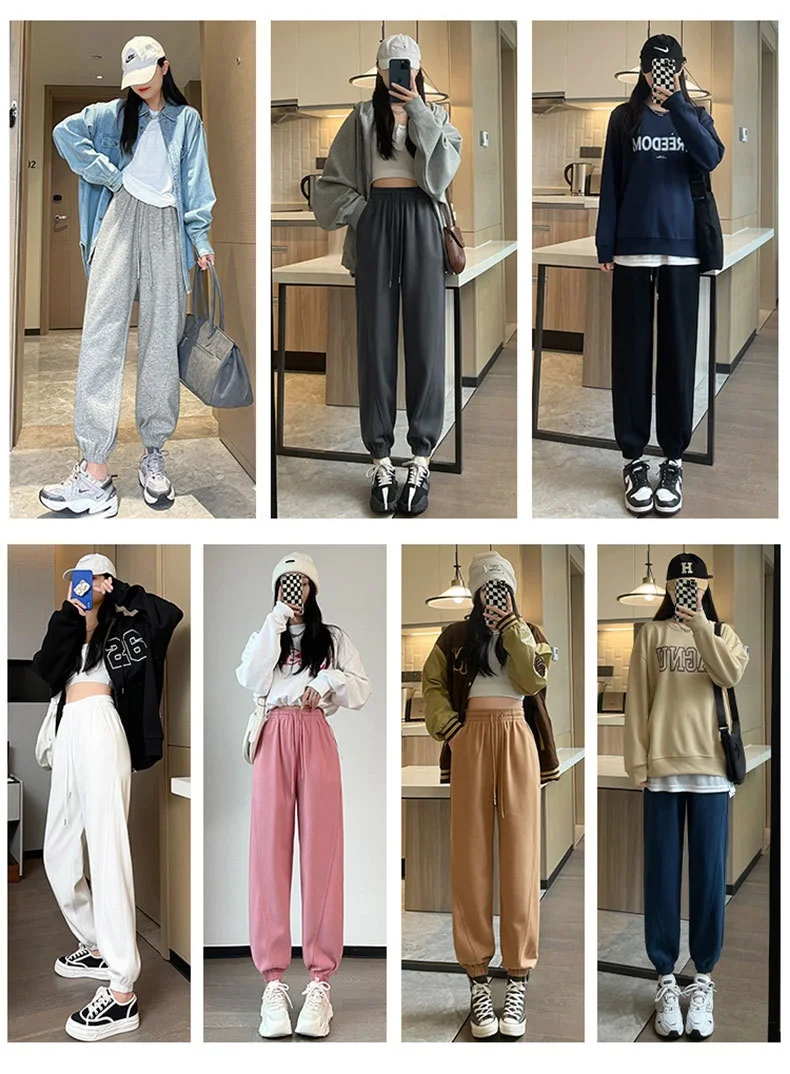 Women High Waist Oversize Leg Loose Joggers Sweatpants Trousers With Elastic Ankle Detail