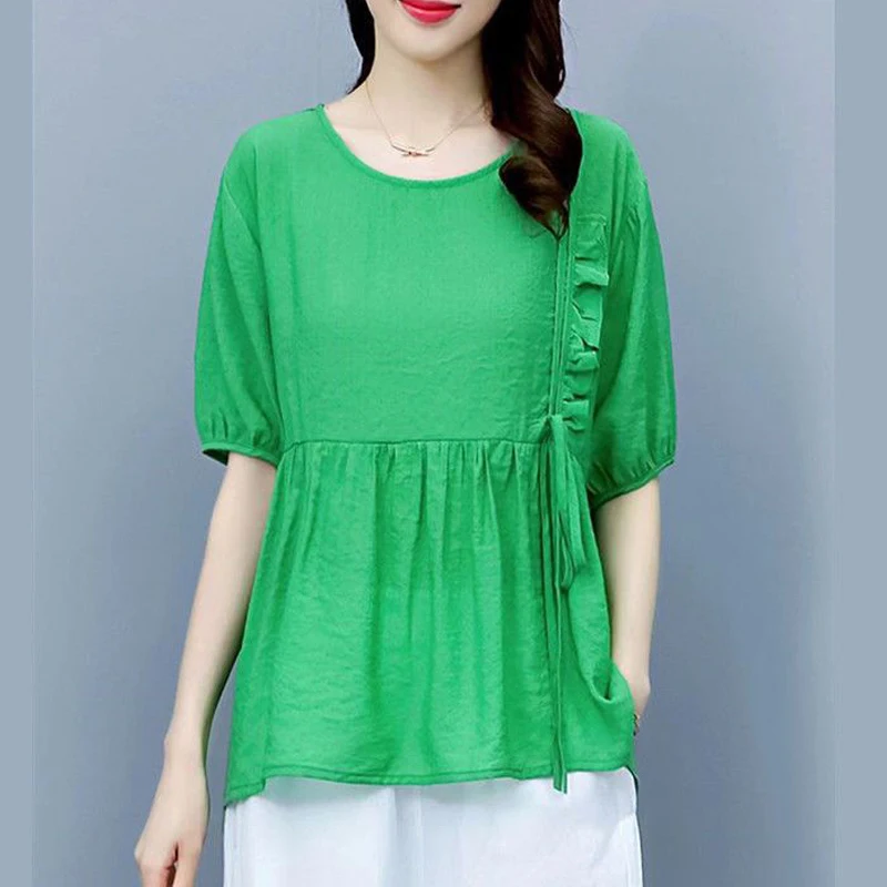 Women's Clothing 2023 Summer Korean Ruffles Lace Up Elegant Blouse Casual Round Neck Short Sleeve Shirt Solid Loose Tops Blusas