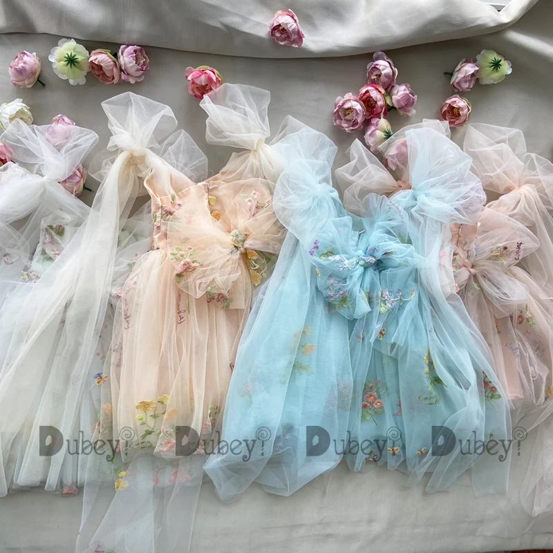 Baby Floral Bow Sleeveless Summer Dress - Embroidered Ballerina Tutu Outfit