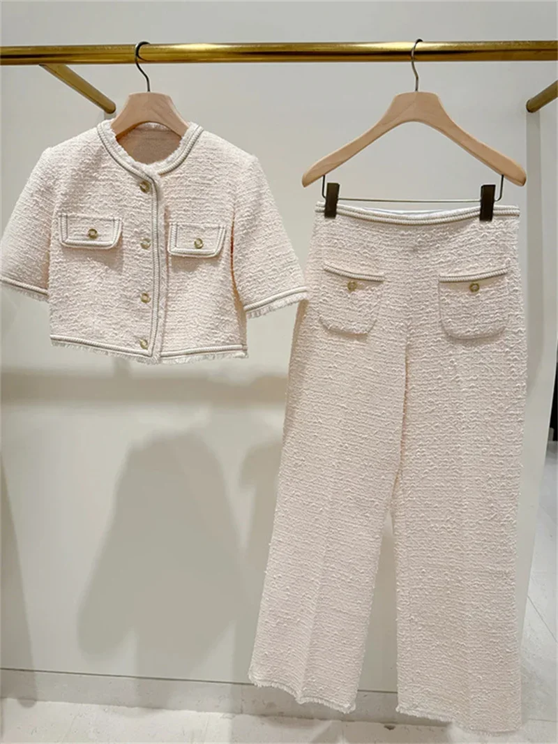 2025 Early Spring Women's French Tweed Set Gold Button O-Neck Short Sleeve Short Jacket Top or High Waist Loose Straight Pants 2