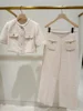2025 Early Spring Women's French Tweed Set Gold Button O-Neck Short Sleeve Short Jacket Top or High Waist Loose Straight Pants 2