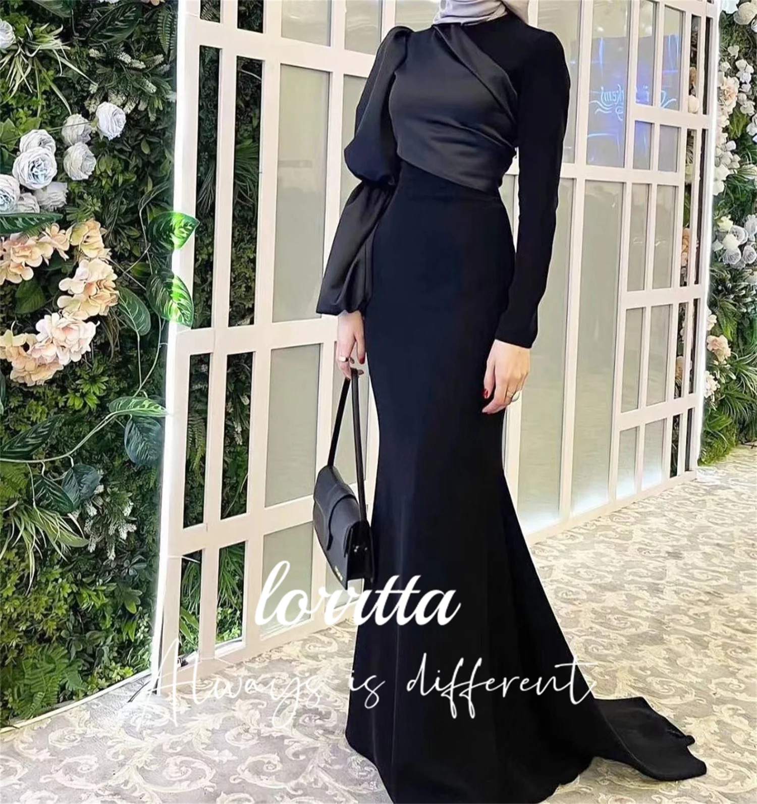 

Lorrtta Saudi Arabia Women's Evening Black Mermaid Gown Pleated Long Sleeve Zip Dubai Prom Flare Gown فساتين مناسبة رسمية السهرة