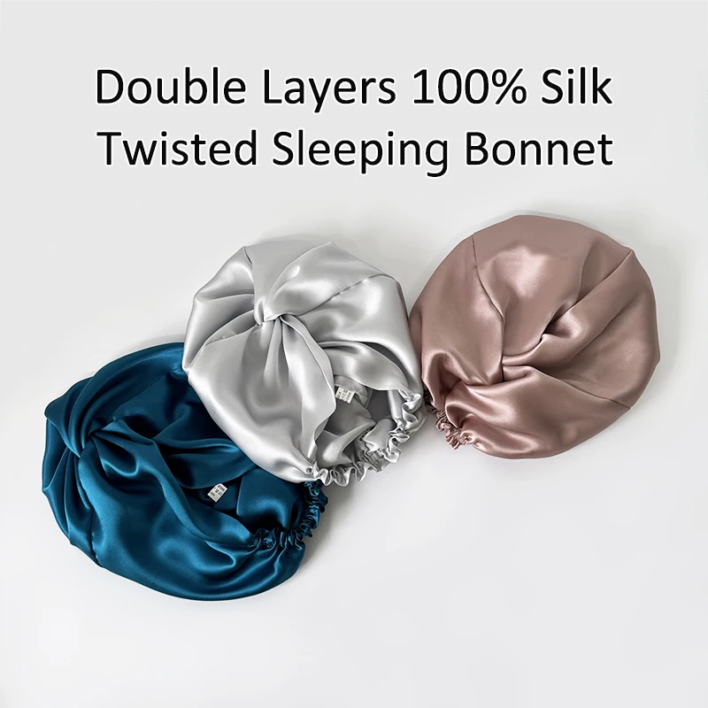 Doppelschichten 100 % Seide gedrehte Schlafhaube Naturseide Turban mit elastischem Band Frauen Headwrap für Haarpflege 19Momme