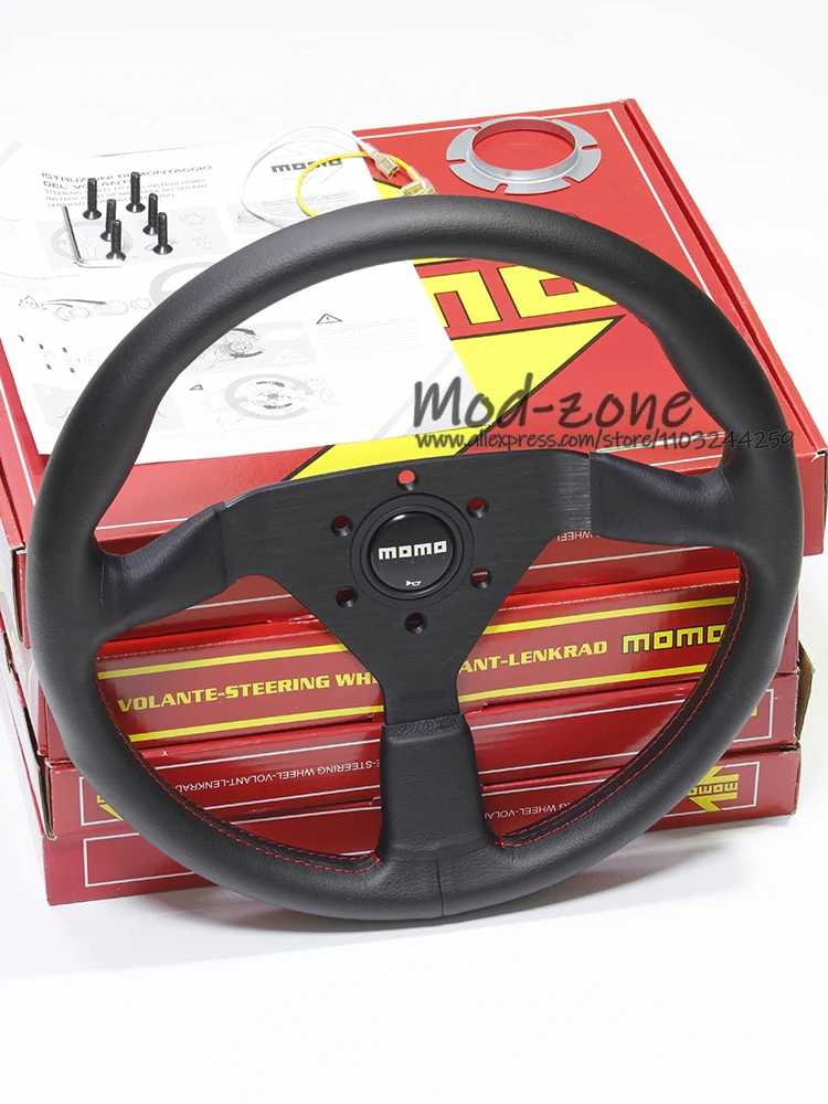 

Genuine Leather Red Stitch MOMO MONTECARLO Universal 14 Inch 350MM Sturdy Spoke Sport Racing Steering Wheel