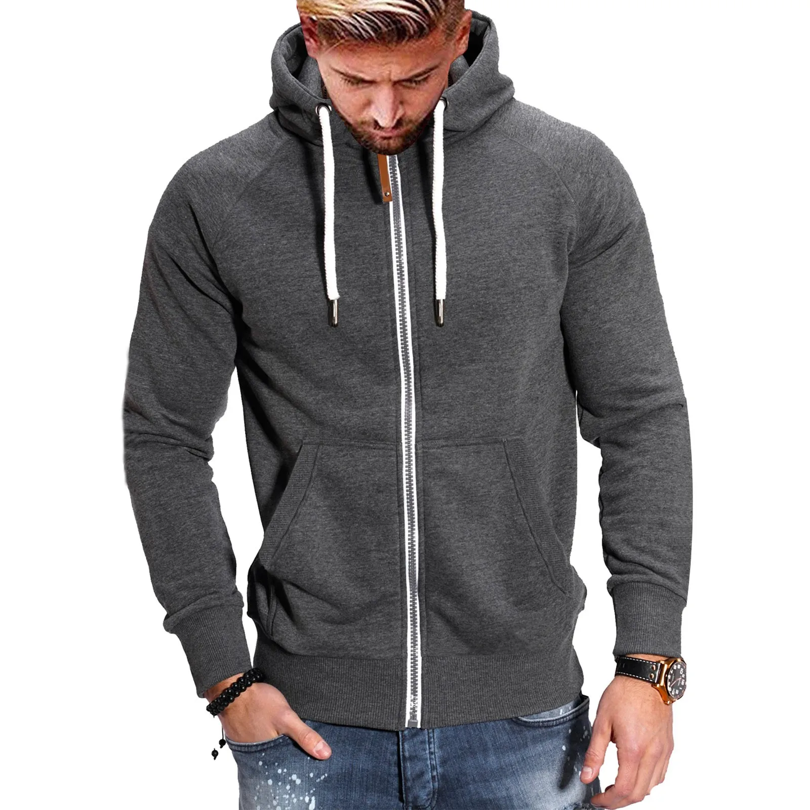 Mens Zip Up Hoodies Solid Color Loose Pockets Drawstring Sweatshirts Outdoor Sports Tracksuits Hooded Tops Trendy Cardigan Coat