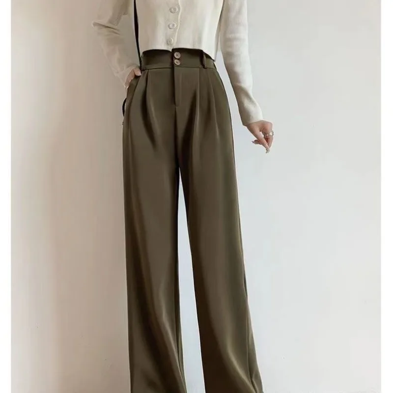 Spring and Autumn Women's Button Pocket Black Wide Leg Elastic Loose Drop High Waist Straight Leg Casual Slim Floor Slim Pants