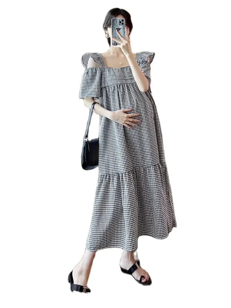 

2024 Summer Maternity Plaid Dress Ruffled Sleeve Square Collar Pregnant Women's Plaid Dresses Long Loose Vintage Pregnancy Dress