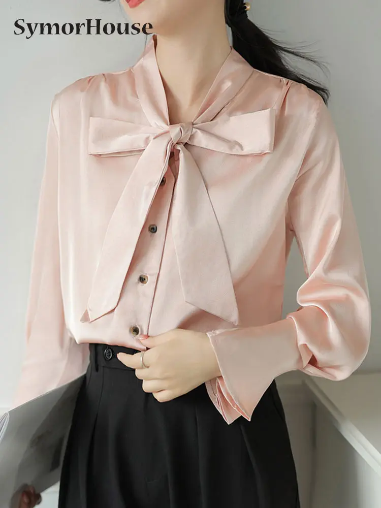 

Рубашка женская с бантом, элегантная Простая Офисная атласная блузка из шелка тутового шелкопряда с длинным рукавом, повседневная офисная блузка, весна-лето-осень