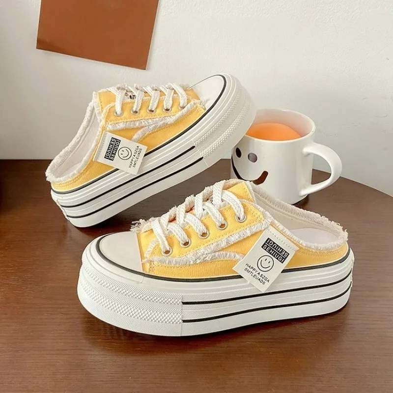 Demi-pantoufles en toile pour femmes, chaussures de sport respirantes et décontractées, chaussures vulcanisées à semelles épaisses, pantoufles Zapatos Mujer, nouvelle collection