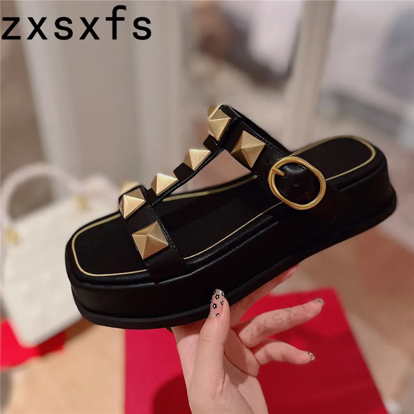 

Summer casual soft sole comfortable slippers thick sole mixed color genuine leather open toe outdoor versatile flat shoes