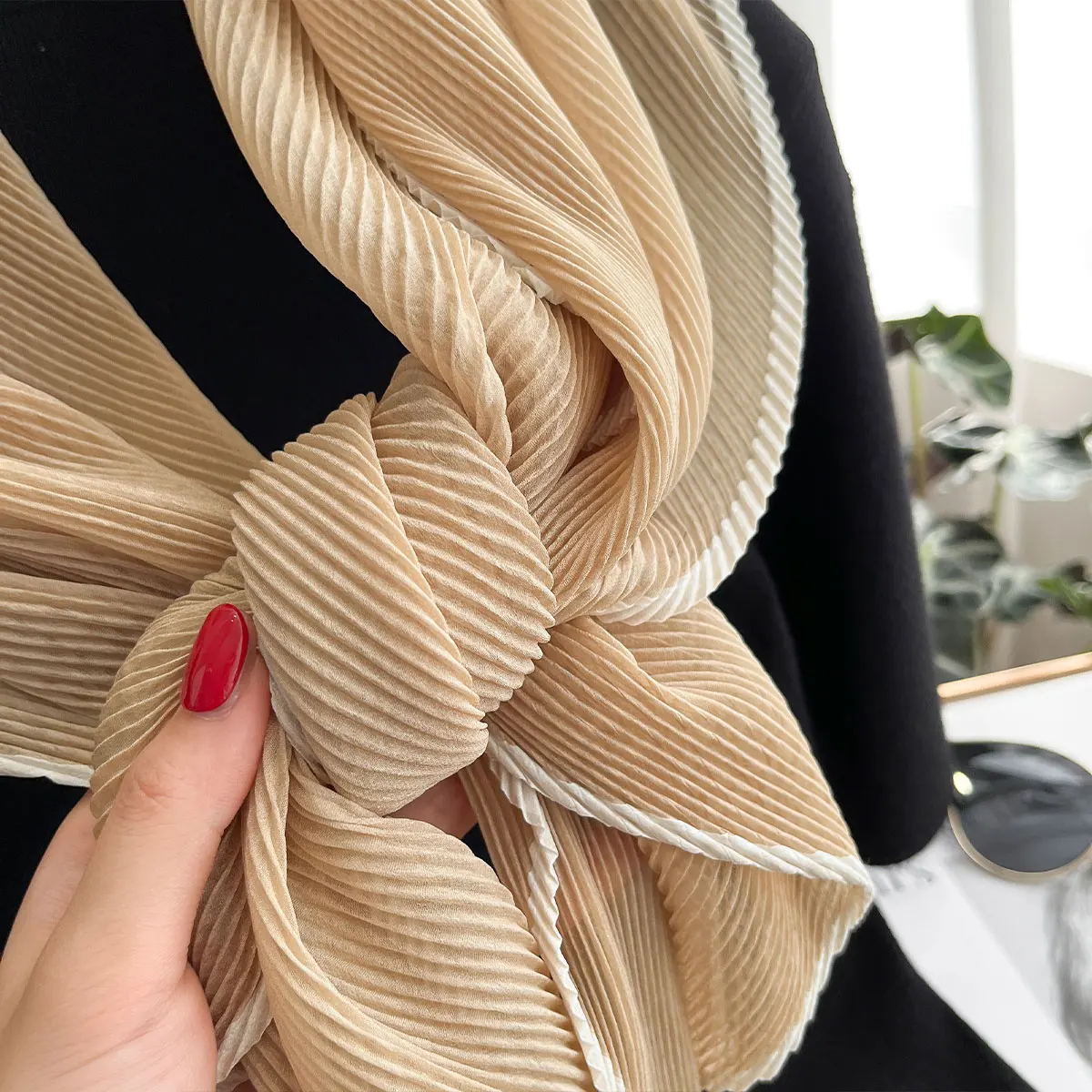 Women Pleated Satin Solid Scarf Headscarf long Shawl Sun protection Hair Tie Band HandKerchief Satin Foulard Scarves Decorative