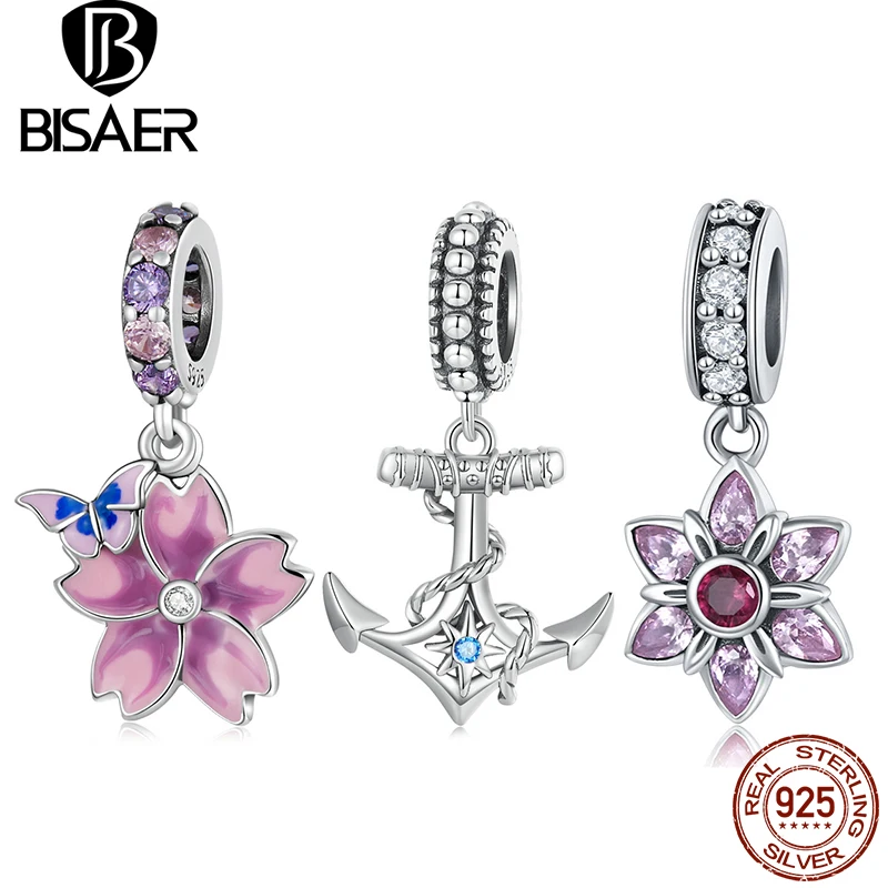

BISAER 100% 925 Sterling Silver Blooming Cherry Flower Charm Bead Pink Zircon Pendant Fit Women Bracelets Fine Jewelry ECC840