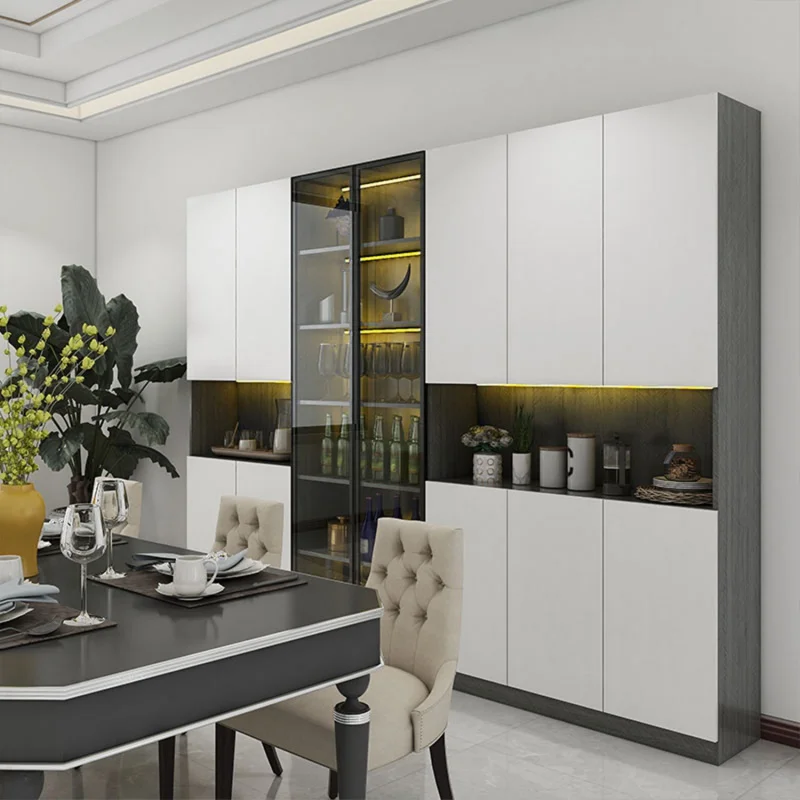 

custom，Wine cabinet customization，Modern Home Wood Composite White Freestanding glass door wine storage cabinets and dining side