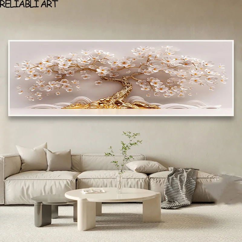 Póster e impresiones de flores blancas en 3D con árbol dorado de lujo claro, pintura en lienzo, arte de pared para decoración del hogar y sala de estar, sin marco