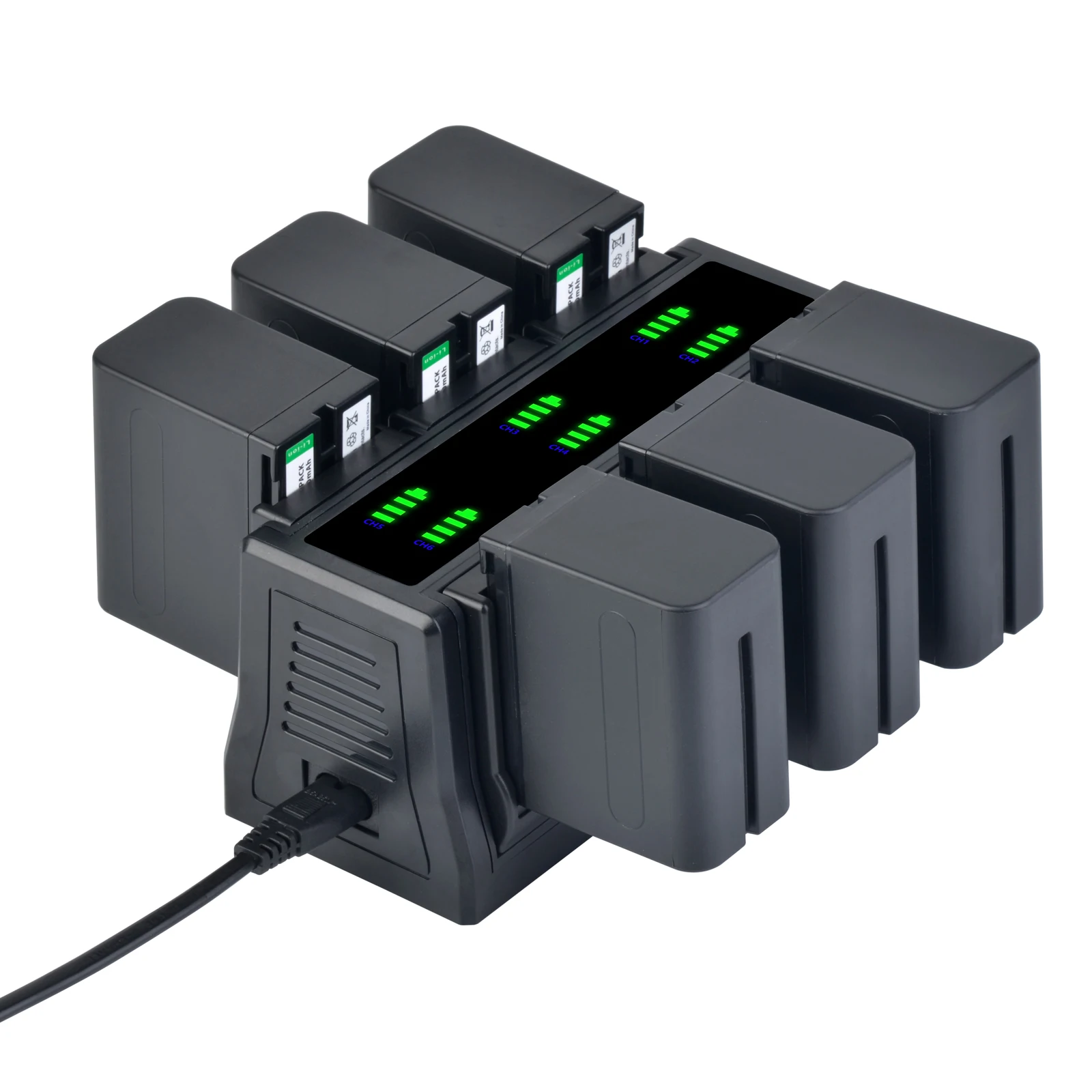Fast Charger 6-Channel with Changeable Plate For NP-F970 NP-F960 NP-F750 NP-F550 NP-FZ100 LP-E6 EN-EL15 NP-W235