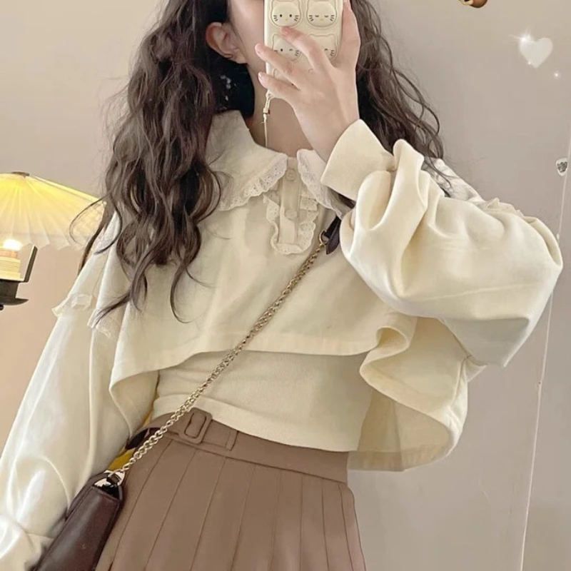 

Lace Japanese Kawaii Sweet Women's Blouses Long Sleeve Korean Fashion Cute Blouses Loose Casual Designer Clothing Autumn 2022