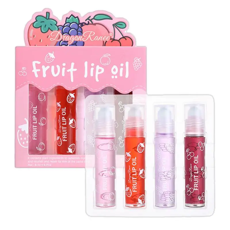 

Roll On Lip Gloss Lip Oil Gloss for Dry Lips 4PCS Fruity Flavors Rolling Ball Lip Oil Set Moisturizing Lip Balm Roll-On Lip