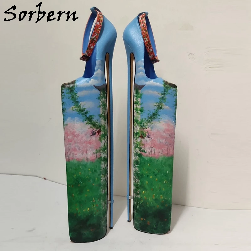 Sorbern 65Cm Hand Tekening Bloemen Vrouwen Pomp Schoenen Dunne Hoge Hakken Vrouwelijke Drag Queen Pomp Schoenen Custom Hak Hoogte 20-80Cm