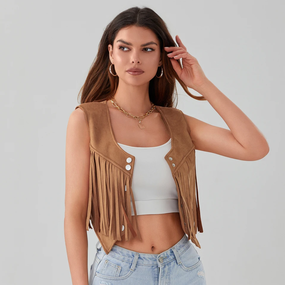 Gilet Donna Con Nappe In Finta Pelle Scamosciata – Stile Hippie Anni '70, Senza Maniche