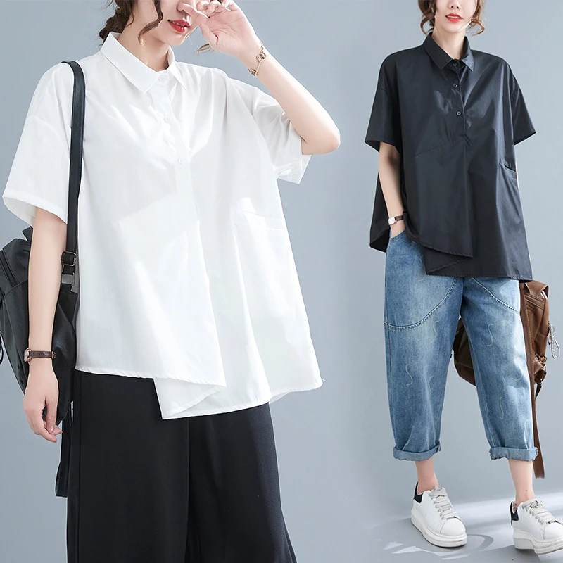 

Asymmetrical Blouse Office Lady Outwear Women's Summer Loose Fashion Korean Design Short-sleeved Shirt