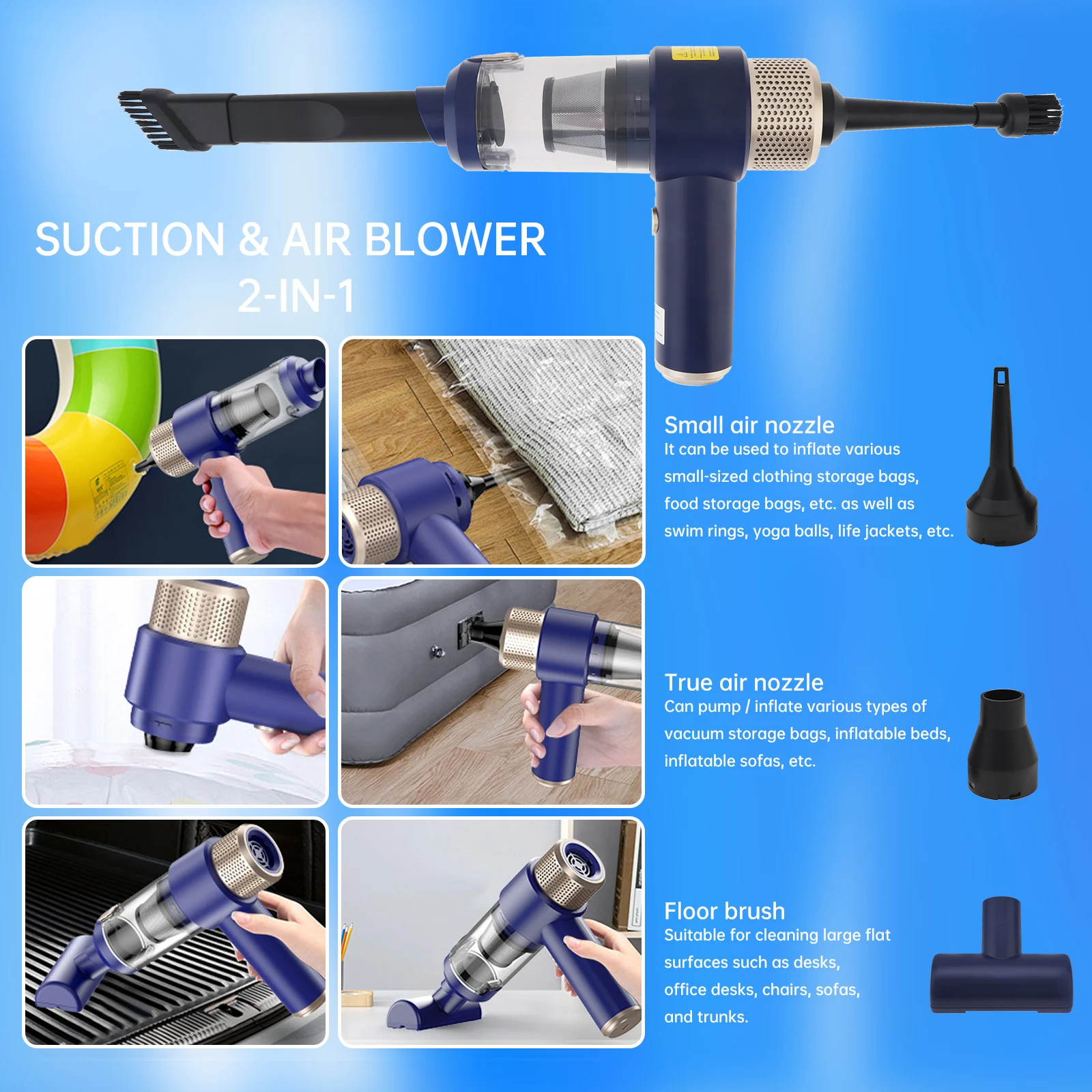 6500pa 2 in 1 Handheld Car Vacuum Cleaner and Inflator Portable Cordless Rechargeable Handheld Home Car Vacuum Cleaner LED Lamp