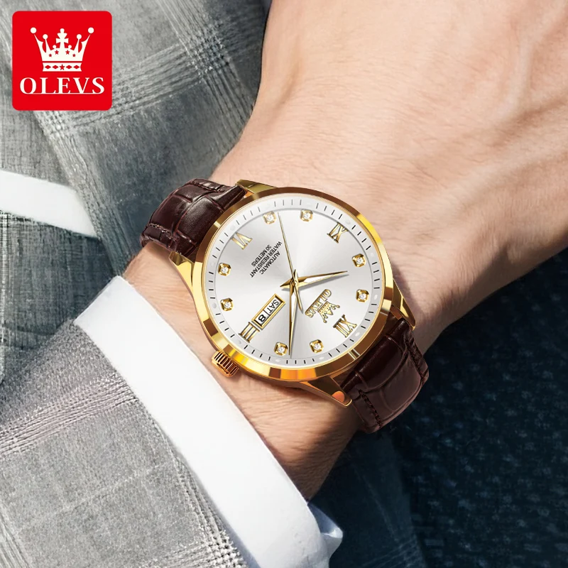 OLEVS 9946 Original Men Automatic Watch Fashion Business Dual Calendar Mechanical Watch For Men Waterproof Luxury Man Wristwatch