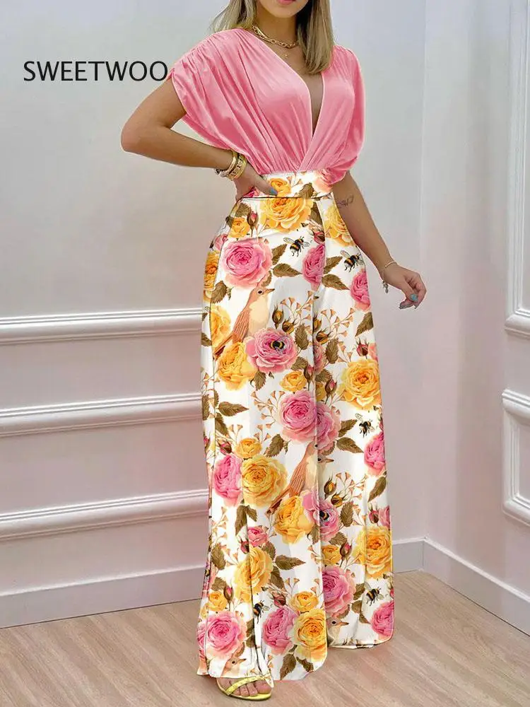 Printing Casual Sweet Summer Women Outfit Deep V-Neck Top Wide Leg Pants Loungewear Ladies Matching Set Streetwear Dropshipping