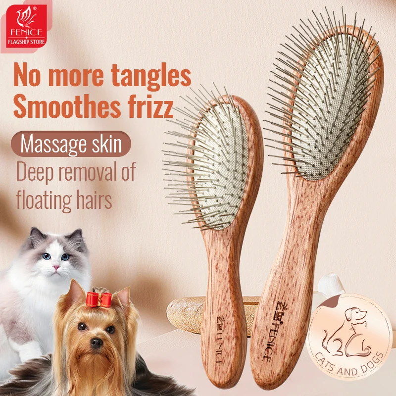 Fenice Pet Comb Solid Wood Handle in Cat Dog Hair Remover Brush
