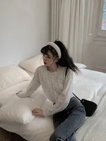 Retro Pearl Petal Collar Knitted Sweater Women's Open Cardigan Embellied Hollow out Design Versatile Outerwear Top