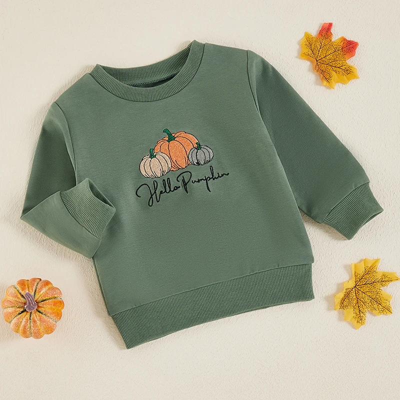 Toddler Baby Girls Boys Halloween Sweatshirts Long Sleeve Crew Neck Pumpkin Embroidery Pullovers Toddler Warm Tops