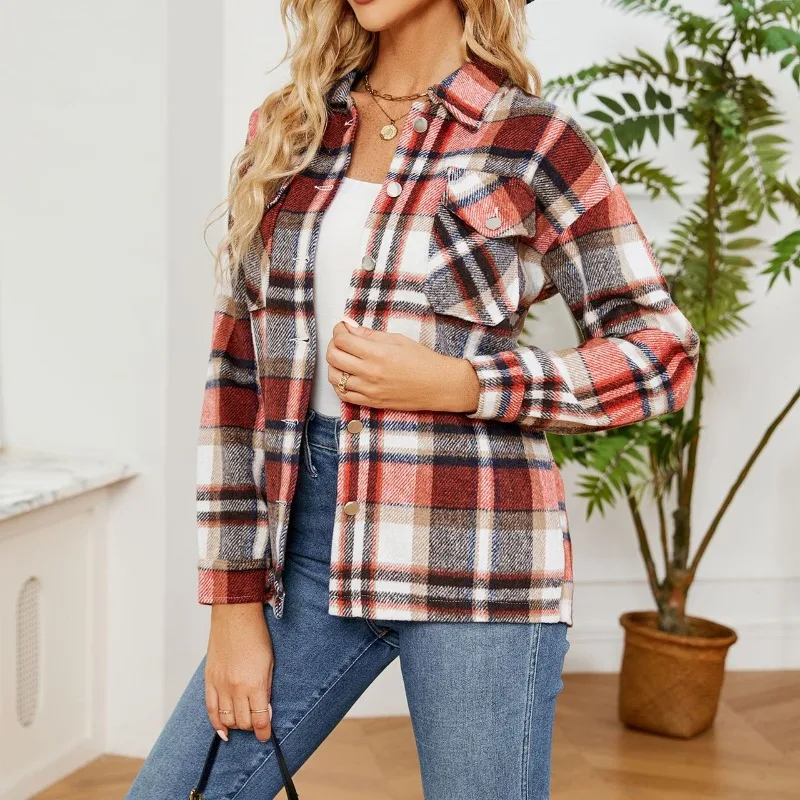 Autumn and Winter Women's Polo Collar Plaid Button Contrast Single Breasted Pocket Cardigan Woolen Coat Fashion Casual Tops