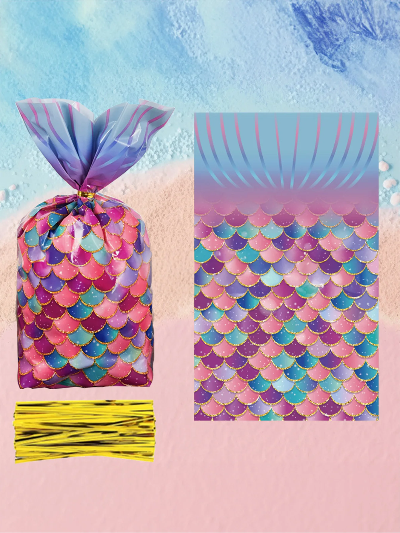 thumbnail image 1 of 30 bolsas de plástico para envolver alimentos y dulces con temática oceánica, en forma de escamas de peces de color azul y rosa, para fiestas, tiendas de dulces y envoltorios de regalo de alimentos y, 1 of 5