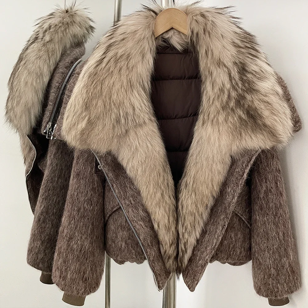 OFTBUY Luxury Real Fur Duck Down Clothes Overszie Women Wool Blend Down Jacket with Real Fox Fur Collar New Winter Warm Coat