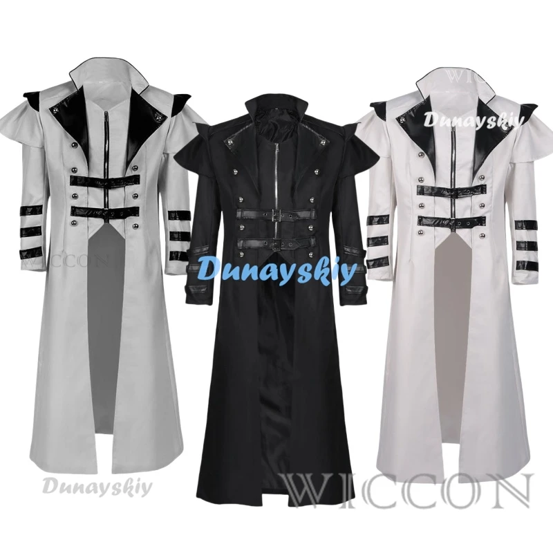 

Vintage Halloween Medieval Steampunk Elves Pirate Costume Adult Men Black Long Split Jacket Gothic Armor Leather Coats
