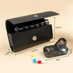 Elegant 14 - Compartment Leather Pill Organizer for Weekly Medication and Vitamin Storage (Leather Bag Black)