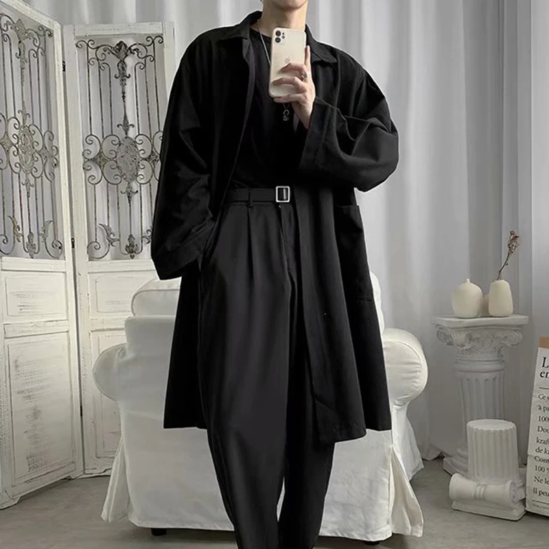 Trench Men Loose Solid Coats All-match Casual Handsome Turn-down Collar Tops Hong Kong Style Design Sashes Male Chic