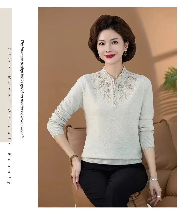 Women's Spring Autumn Sweater Diamond Keep Warm In Winter Plus Size Pullover Wool Korean Fashion Chinese Style Cheongsam Collar