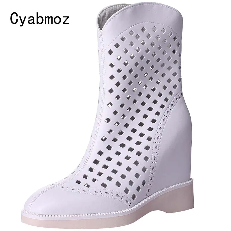 

women summer breathable hollow out ankle booties genuine leather height increasing 10 cm martin boots wedges high heels shoes