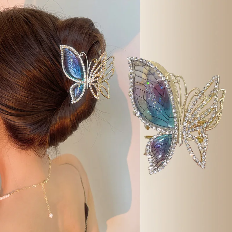 

Elegant Color Amber Butterfly Hair Clip Women Rhinestones Luxury Exquisite Hairpin Hair Claw Shark Clip Hair Accessories Gifts