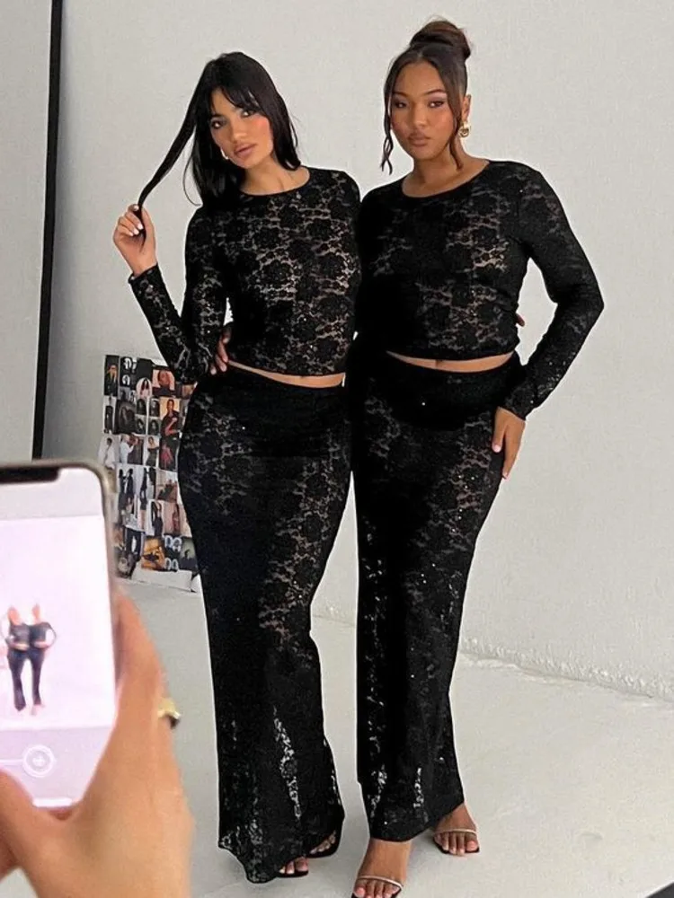 JULISSA MO O Neck Lace See Through Long Sleeve Solid Two Piece Set Sheer Slim Fit Crop Top And Maxi Skirt Set Party Club Outfits