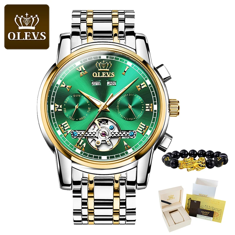 OLEVS Top Brand Men Watch Automatic mechanical watch Dress Luxury moon phaseTourbillon Wristwatch Gifts for Male Black wacth 