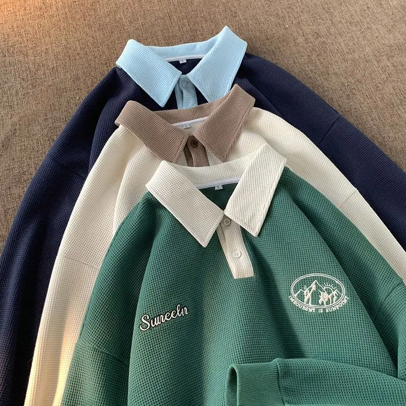 2022 American Vintage Badge Ricamo Polo Felpa Preppy Per Uomo Waffle Cotone Abbigliamento Invernale Harajuku Studenti Top