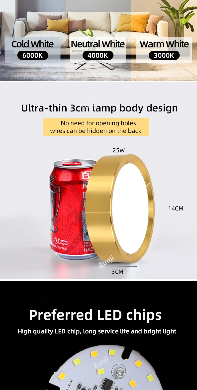 Description Picture 4 of itemLed Ceiling Lamp Gold Downlight Dimmable Spotlight 5W 10W 15W 25W Panel Lights For Kitchen Shop Lighting 185-265V Ceiling Light