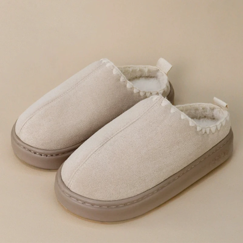 Suede Thick Sole Cotton Slippers Women Light Short Plush Fur Slippers Woman Closed Toe Warm Non Slip Cotton Indoor Shoes Ladies