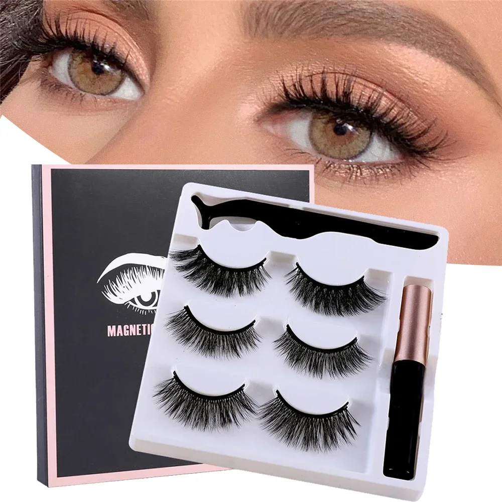 Fake Eyelashes 3 Pairs Magnetic Eyelashes 3D Mink Eyelashes Makeup Magnetic Lashes Eyeliner Tweezers Set Natural False Lashes Short Faux Cils