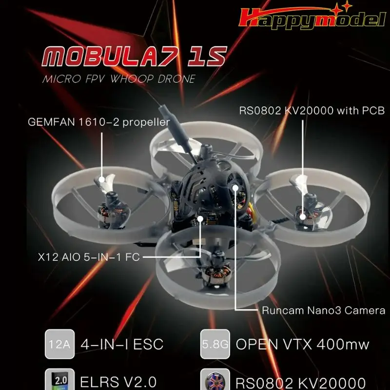 Drone Mobula7 75mm ELRS V3.0 1S Whoop FPV Brushless posé sur une table, montrant son châssis compact et sa caméra
