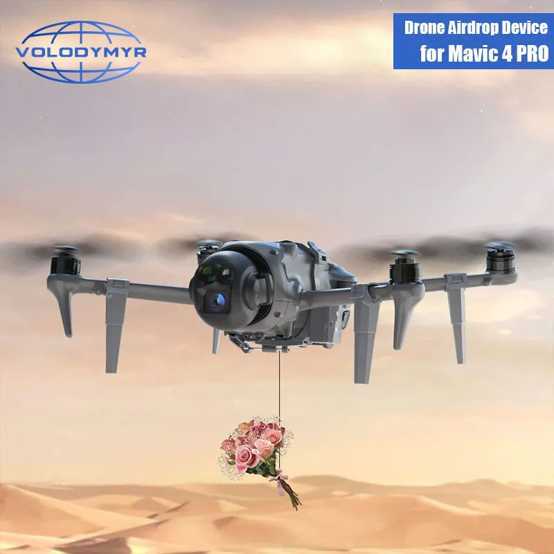 Dispositif de largage pour drone DJI Mavic 4 Pro fixé sous le drone, prêt à lâcher un appât de pêche.
