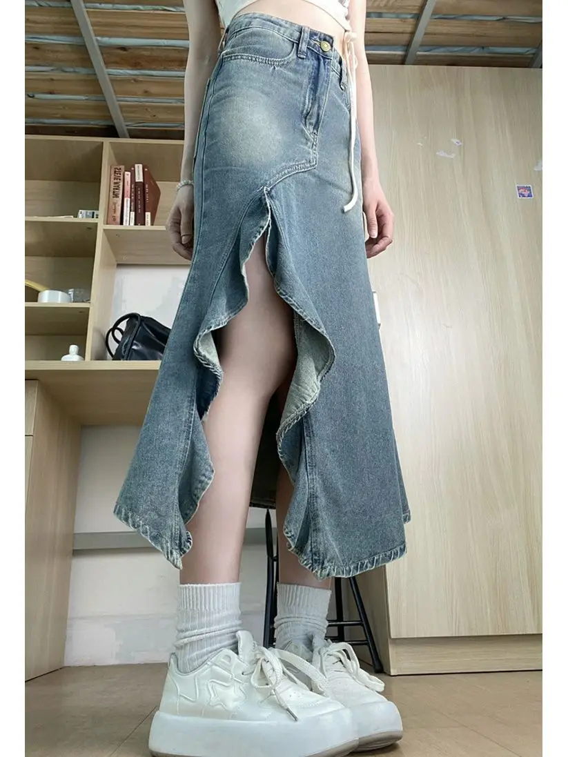 Mrmaid Skirt Split Irregular Blue Skirt Harajuku Korean Girl Casual Chic Fashion Vintage A-Line Denim Skirt Hem Coquette Women'S