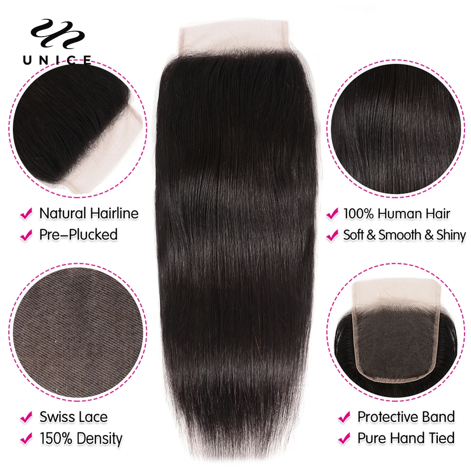 UNice Hair 5x5 HD Lace Closure Brazilian Straight Hair Lace Closure Virgin Human Hair Closure 4"x4" Swiss Lace 1 PCS